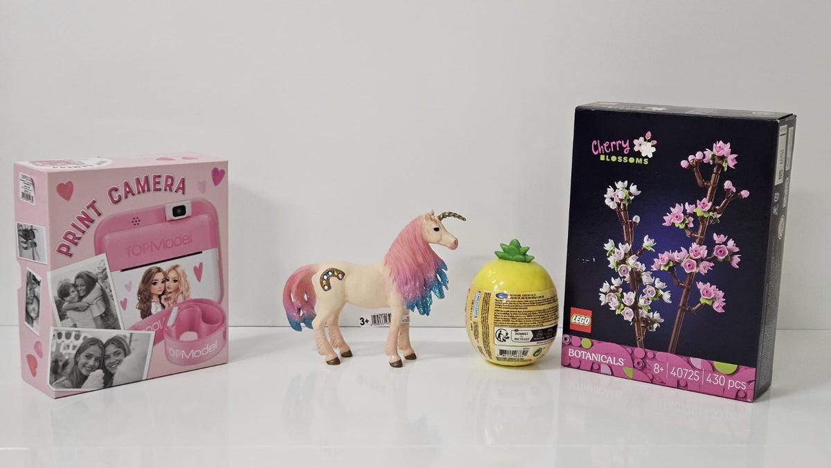 CheapBox4Kinder Mädchen N°10 Originalfoto mit TOPModel Print Camera, Einhorn, Ananas-Spielzeug und LEGO Cherry Blossoms 40725