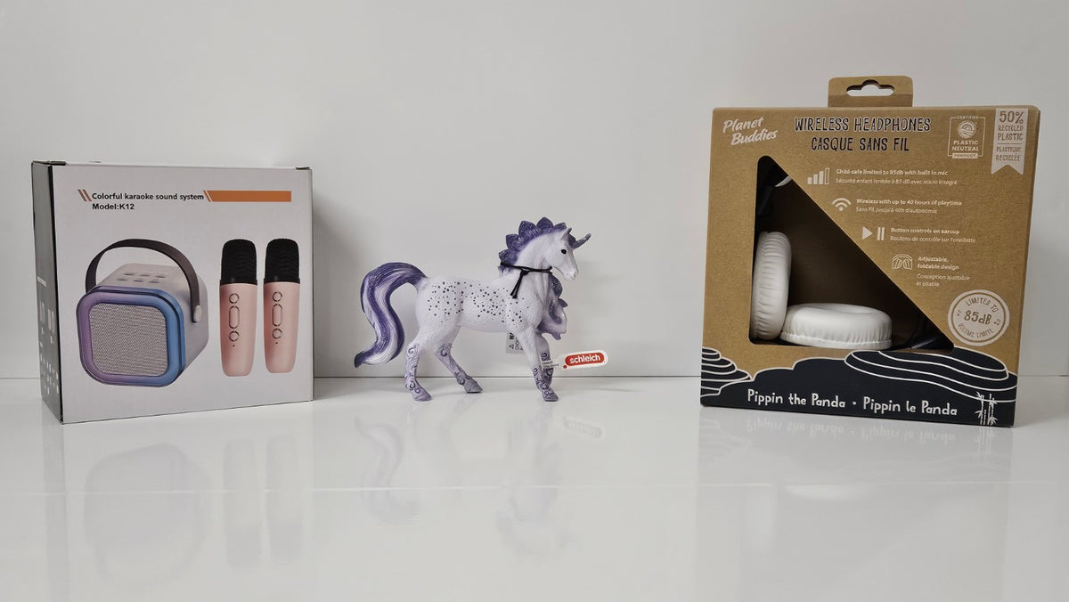 CheapBox4Kinder Mädchen N°7 Originalfoto mit K12 Karaoke, Schleich Einhorn und Planet Buddies Kopfhörern