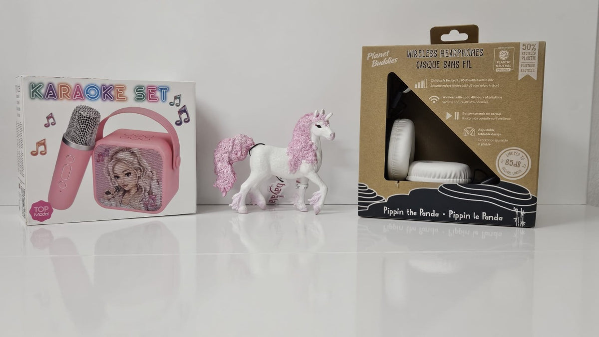 CheapBox4Kinder Mädchen N°8 Originalfoto mit TOPModel Karaoke, Schleich Einhorn und Planet Buddies Kopfhörern