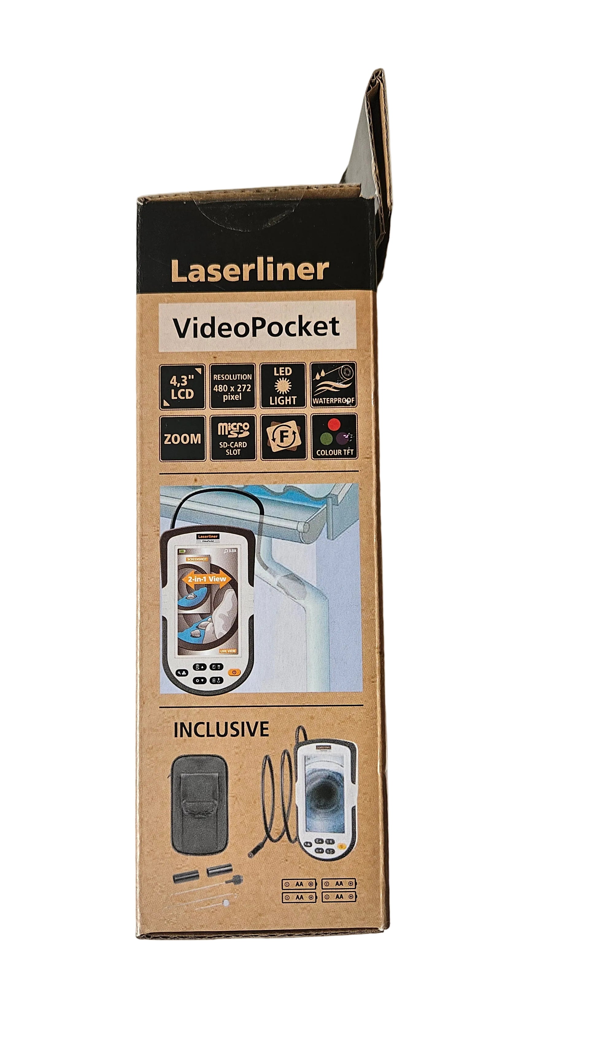 Laserliner VideoPocket – Seitenansicht mit technischen Daten