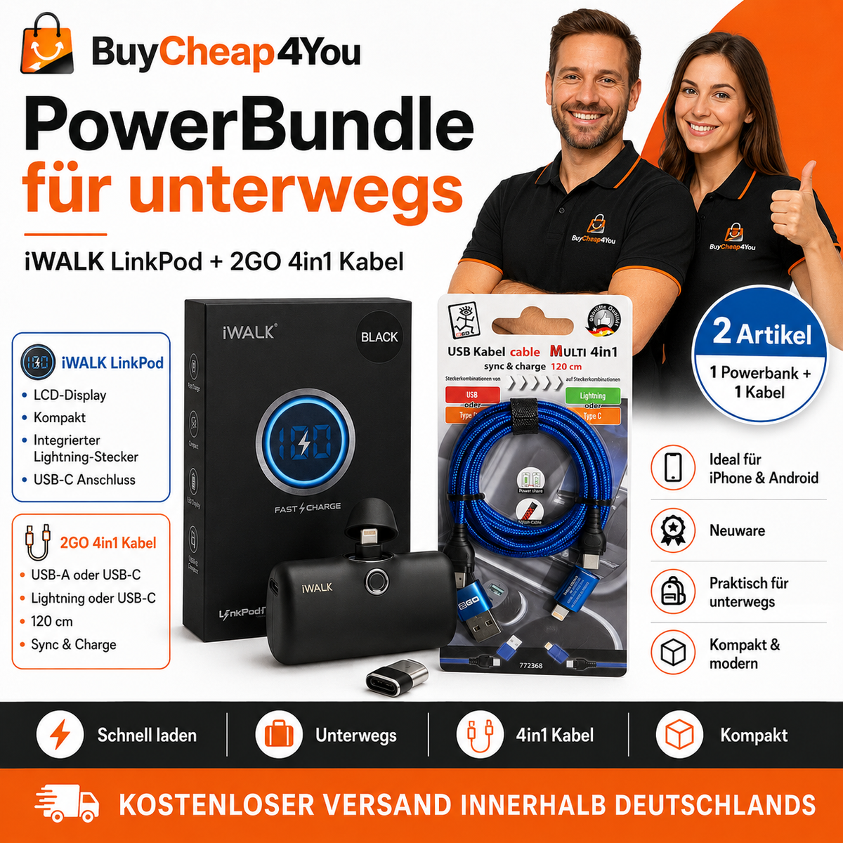 Power-Bundle – iWALK LinkPod Mini Powerbank mit LCD-Display & 2GO 4in1 Ladekabel 120 cm – Neu