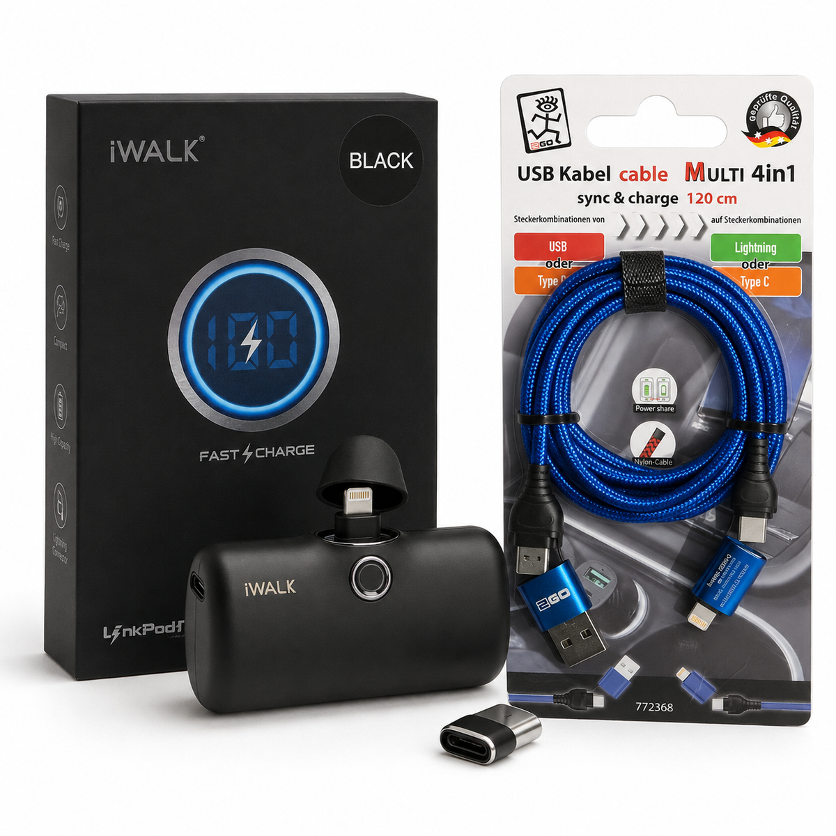 Power-Bundle – iWALK LinkPod Mini Powerbank mit LCD-Display & 2GO 4in1 Ladekabel 120 cm – Neu