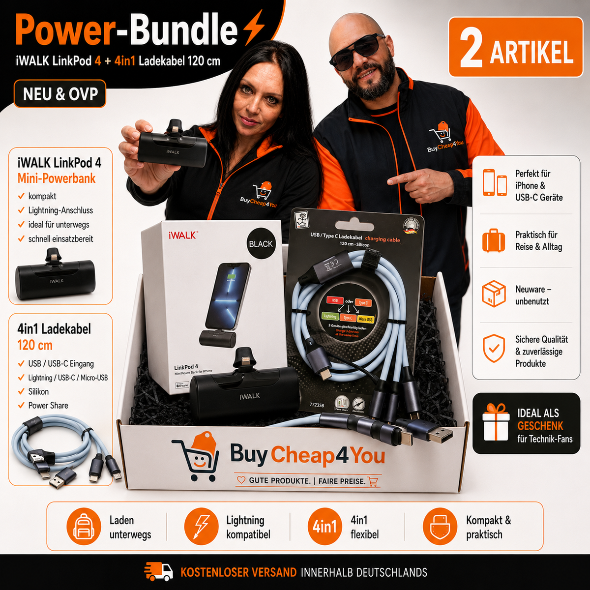 Power-Bundle – iWALK LinkPod 4 Mini Powerbank 4500mAh & Multi-Ladekabel 120 cm – Neu