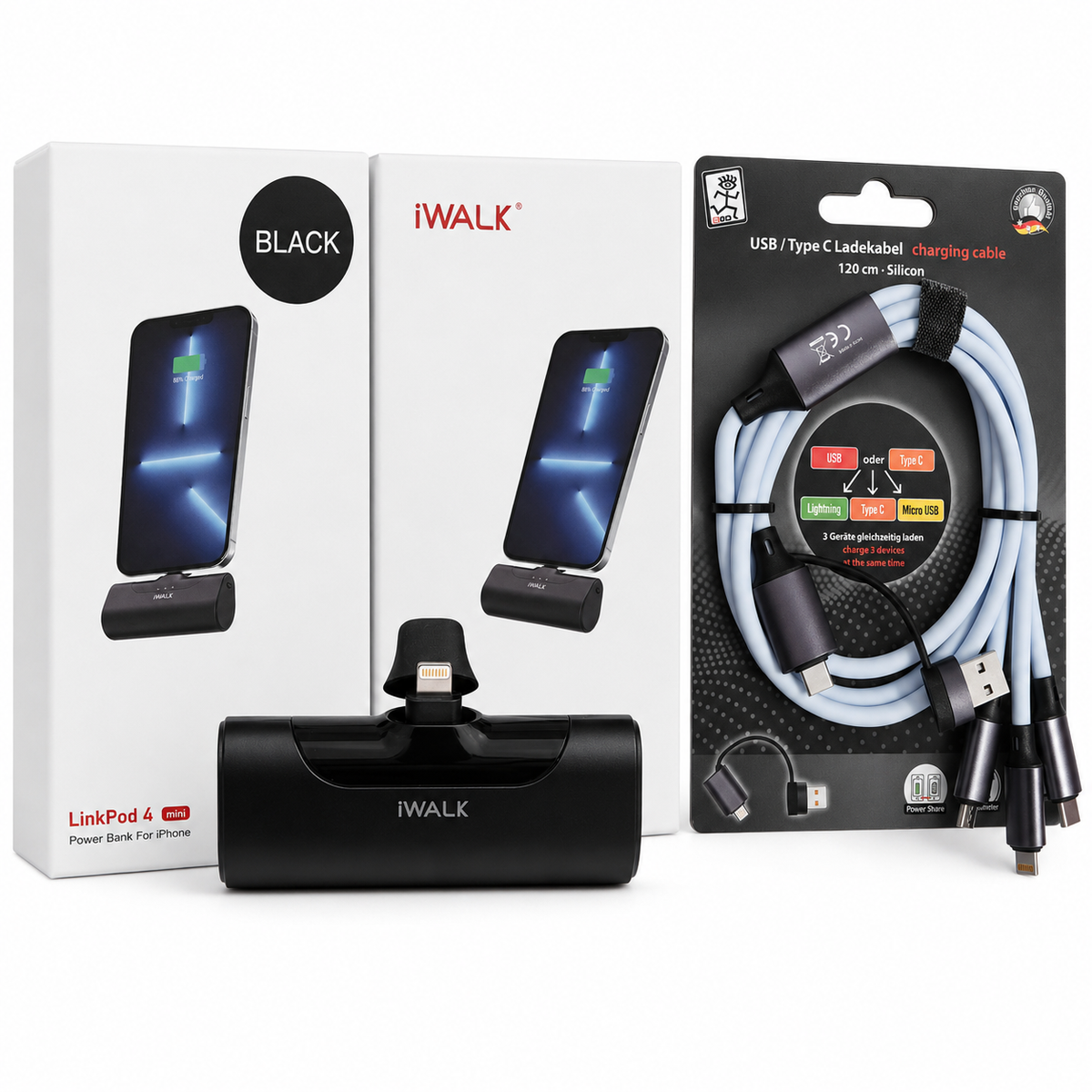 Power-Bundle – iWALK LinkPod 4 Mini Powerbank 4500mAh & Multi-Ladekabel 120 cm – Neu