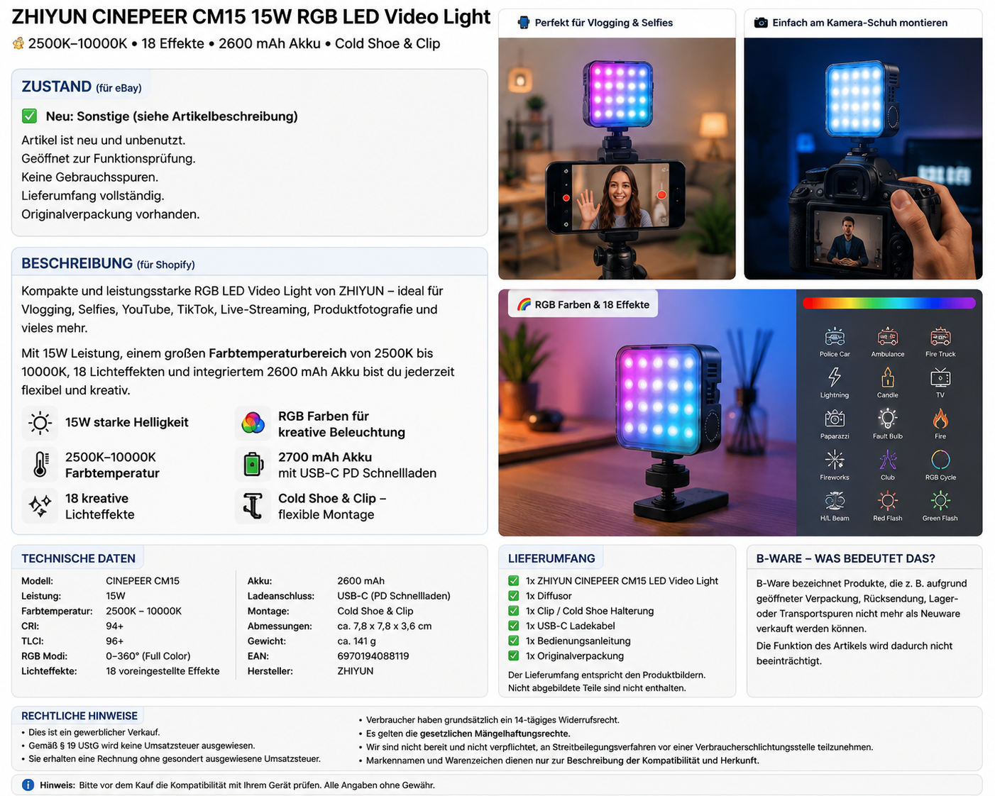ZHIYUN CINEPEER CM15 15W RGB LED Videoleuchte – geprüfte B-Ware