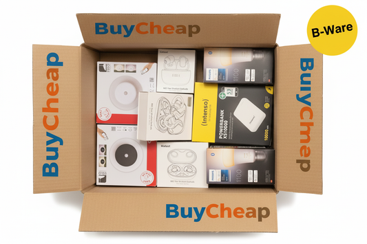 BuyCheap CheapBox cu branding portocaliu-albastru și bulină B-Ware