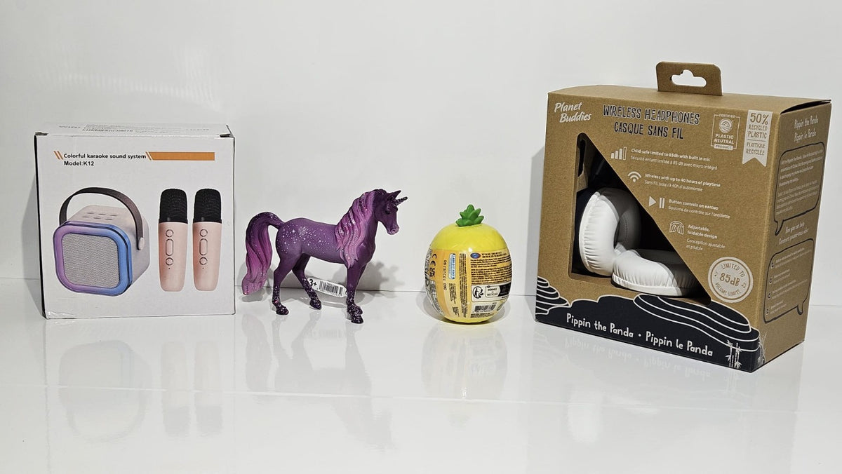 CheapBox4Kinder Mädchen N°9 Originalfoto mit K12 Karaoke, Einhorn, Ananas-Spielzeug und Planet Buddies Kopfhörern