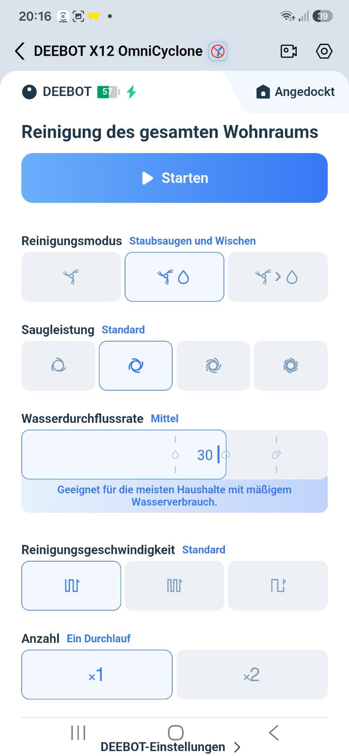 ECOVACS HOME App – Reinigungsmodus, Saugleistung und Wasserdurchfluss