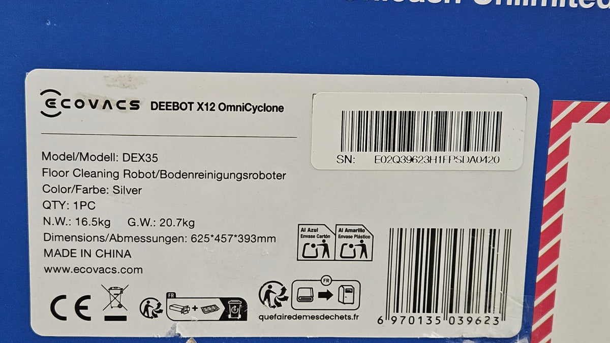 ECOVACS DEEBOT X12 OmniCyclone DEX35 – Modell- und EAN-Etikett